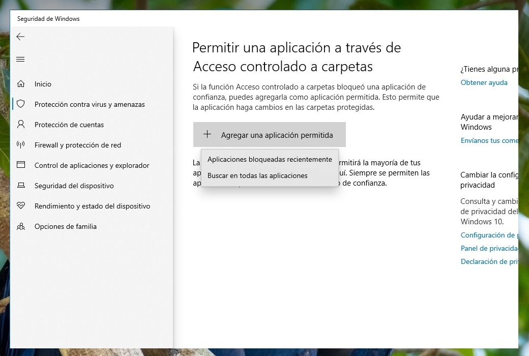 Opción para otortgar permisos a aplicaciones