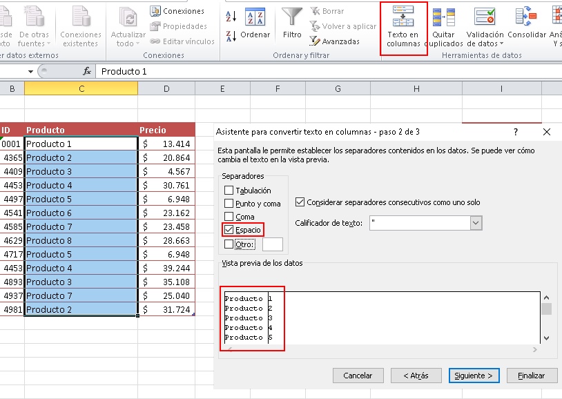 Excel dividir datos