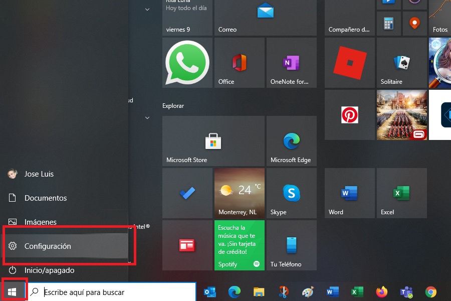 Botón de Inicio en Windows 10 para entrar al menú de Configuración