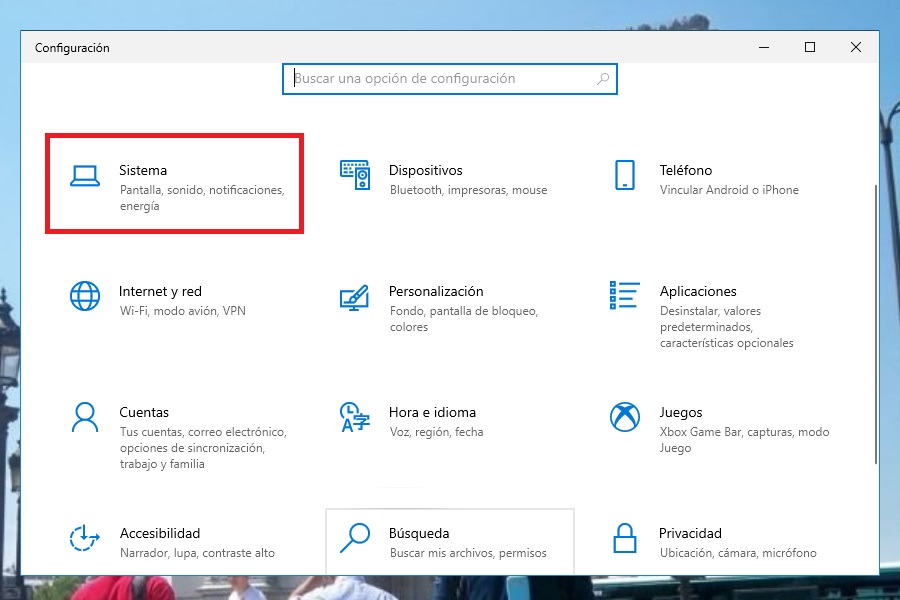Menú de Configuración en Windows 10