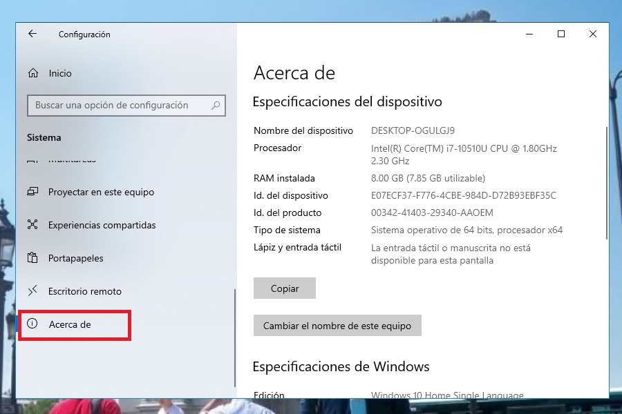 Detalles de especificaciones en el Menú Sistema