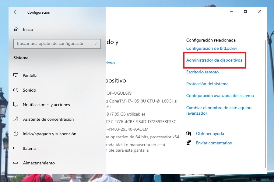 Acceso al Administrador de Dispositivos desde Sistema en Windows 10