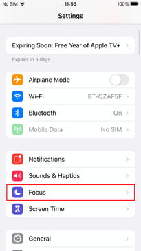 Menú de configuración de iOS 15 para aprender acerca de Focus mode, modo Enfoque