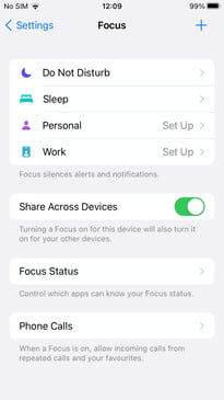 ioS 15 Menú del modo de Enfoque.