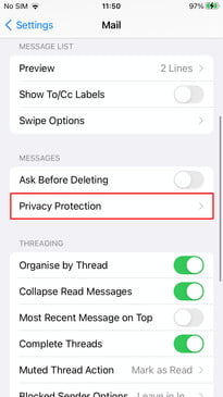 Menú de Mail en iPhone