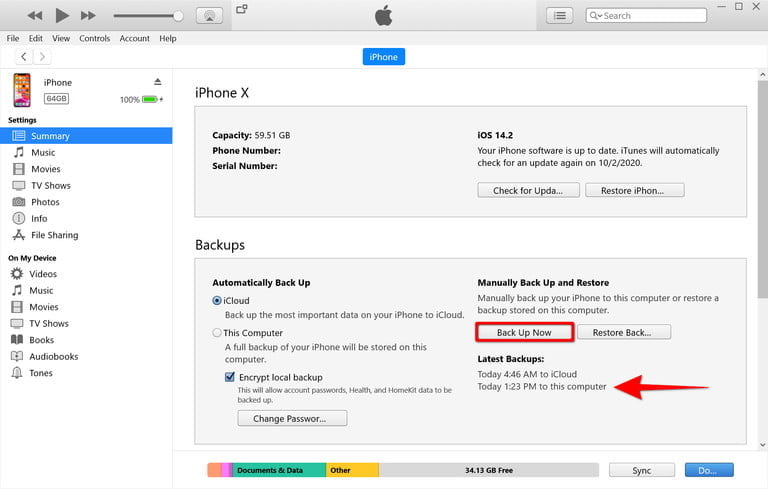 iTunes Windows 10 Copia de seguridad ahora
