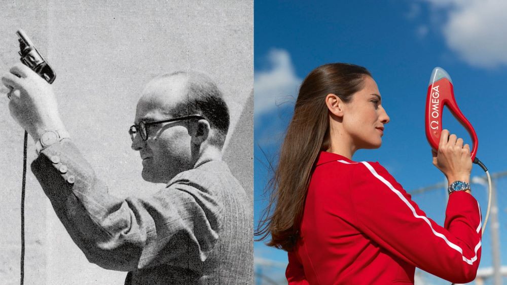 Un juez con una pistola tradicional para el arranque de una carrera y una mujer con un dispositivo moderno para el mismo fin que se usará en Tokio 2021