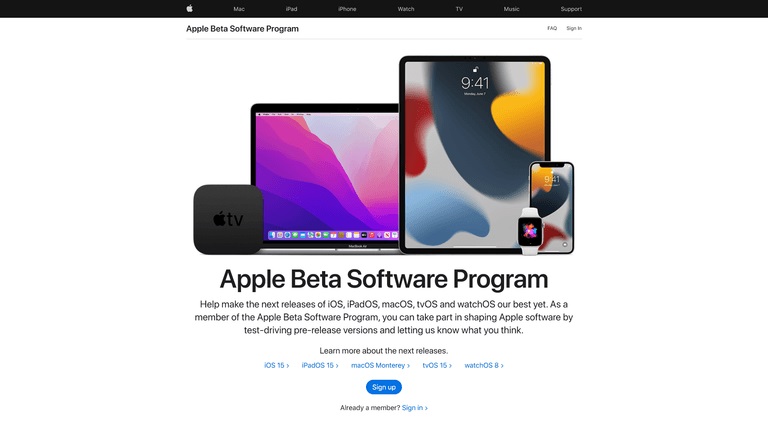 Imagen del sitio web de Apple Beta Software
