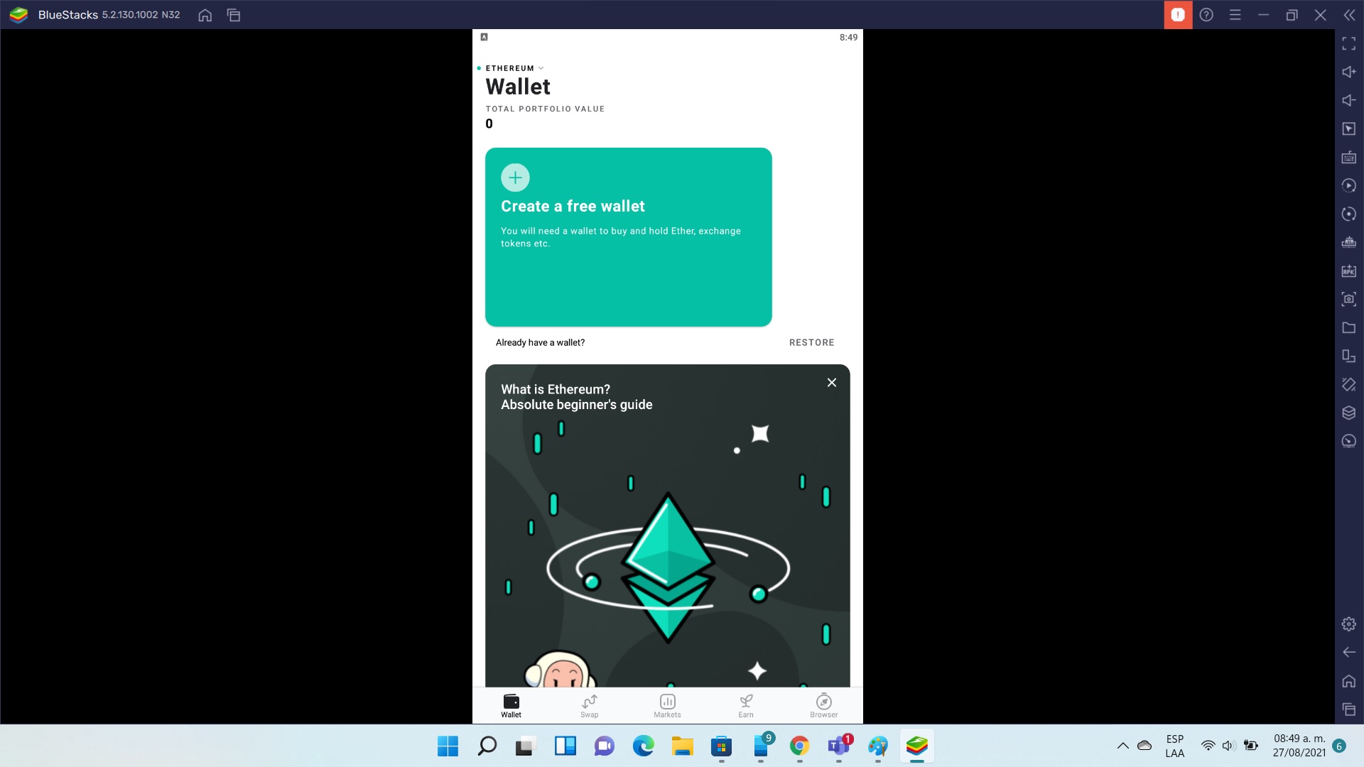 My Ehtereum Wallet en Windows 11 usando BlueStacks