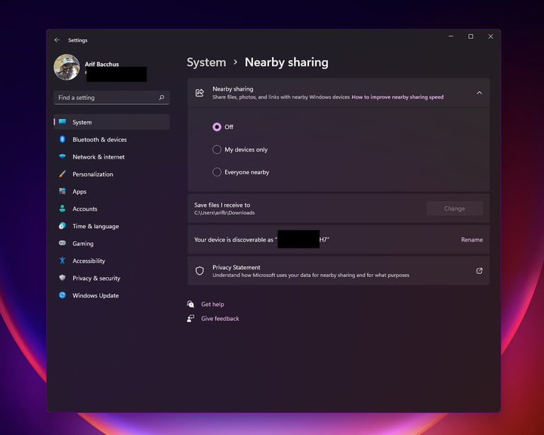 Ventana de configuración para la función de uso compartido cercano.