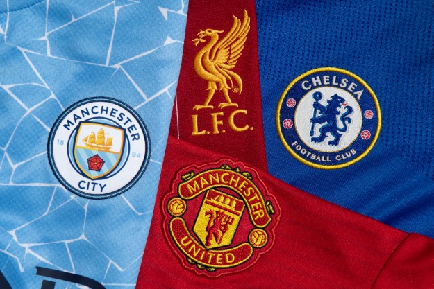 Los logos del Manchester City, Liverpool, Manchester United y Chelsea de la Premier League.