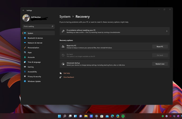 Página de configuración de recuperación de Windows 11.