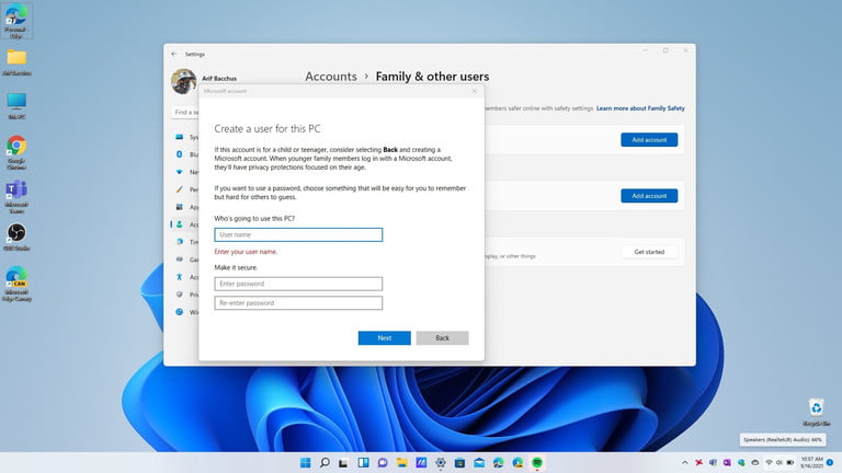 Agregar una cuenta local para eliminar una cuenta de Windows 11.