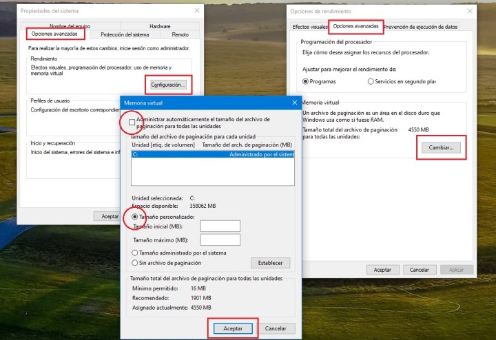 La configuración del archivo de página en Windows 11.