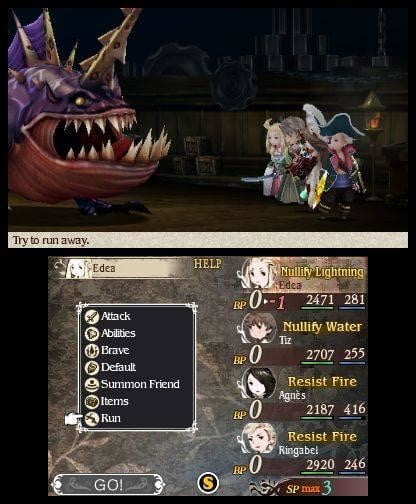 Lucha contra un monstruo en un barco en Bravely Default.