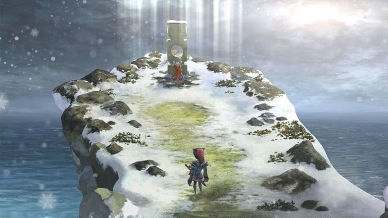 De pie junto a una tumba en un acantilado nevado en I Am Setsuna.