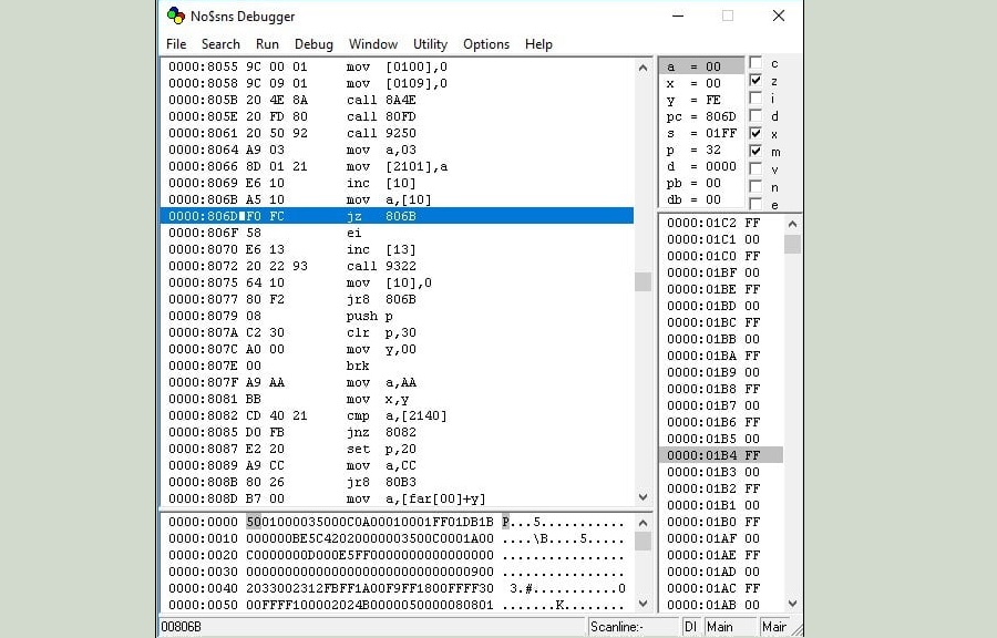 Pantalla de depuración de No$SNS.