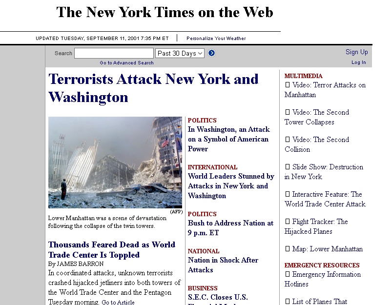 Portada New York Times - Atentados del 11-S