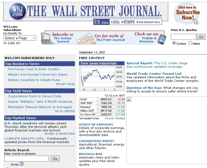 Wall Street Journal Cover – 9/11 Terrorist Attacks