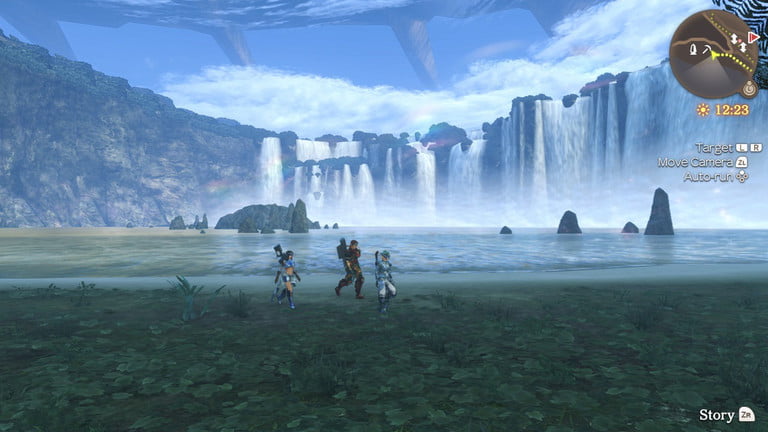 Frame de Xenoblade Chronicles Definitive Edition mostrando un campo abierto y cataratas al fondo