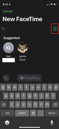 Pantalla de Face Time en un iPhone para hacer una llamada grupal 2