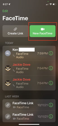 Pantalla de Face Time en un iPhone para hacer una llamada grupal 1