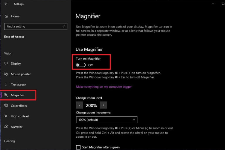 Captura de pantalla de la aplicación Configuración de Windows 10 que muestra cómo activar la lupa a través de la aplicación Configuración.