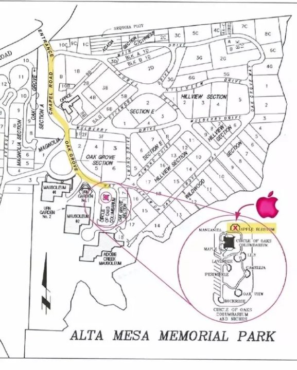 Un mapa con la presunta ubicación de la tumba de Steve Jobs