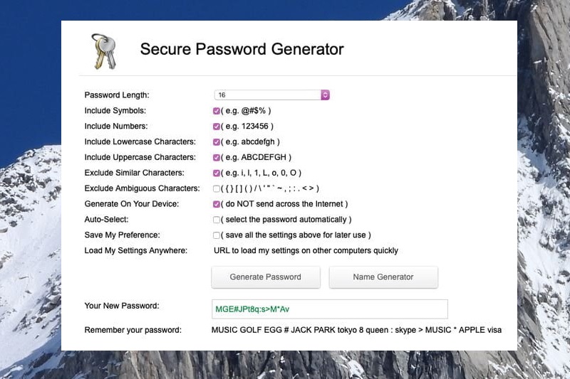 Pantalla de un Generador de passwords