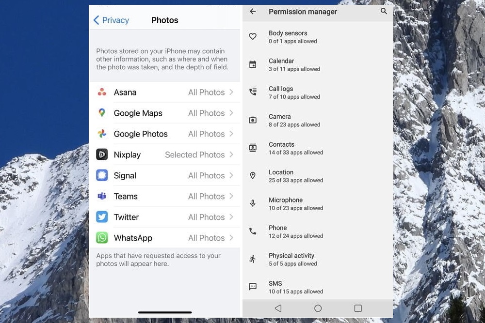 Pantallas de configuración de privacidad para apps en un Android y un iPhone