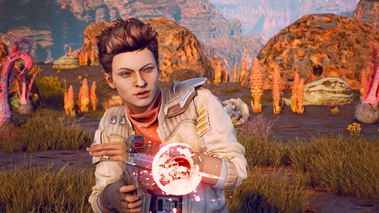 Personaje de The Outer Worlds disparando un arma de fuego