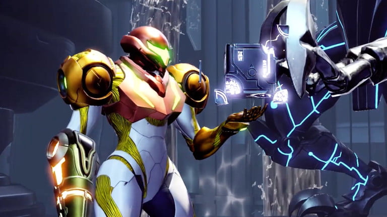 Samus sosteniendo un cubo en Metroid Dread. Uno de los mejores juegos de tiros para Switch.