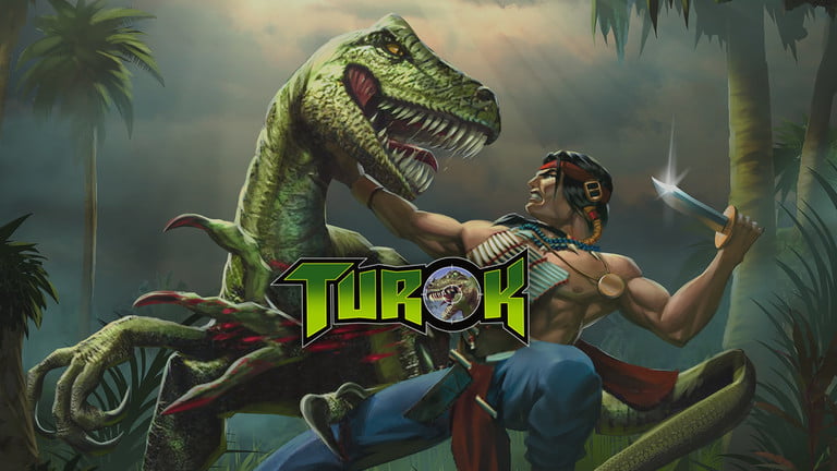Turok luchando con un dinosaurio