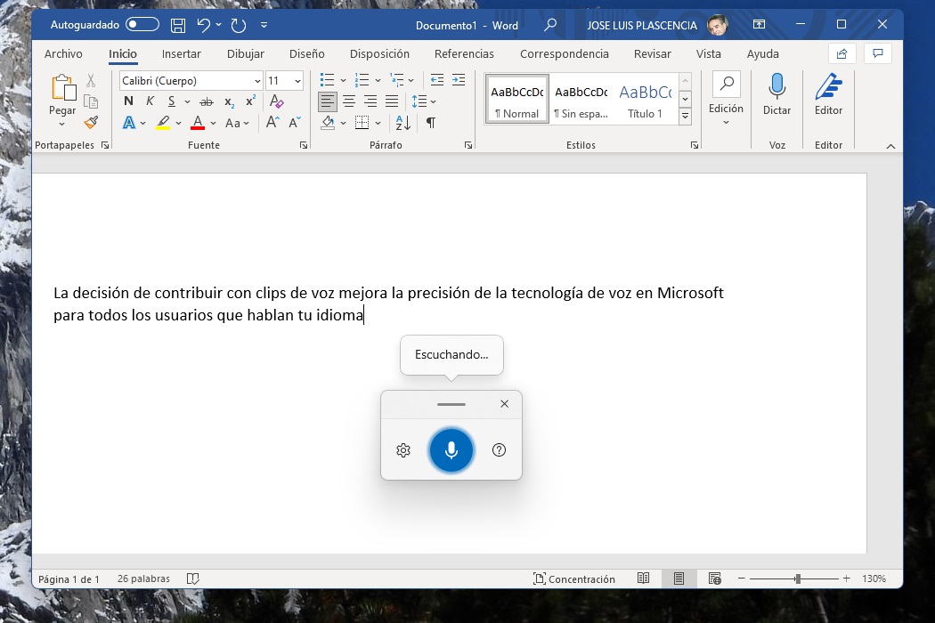Escritura por voz en Windows 11.