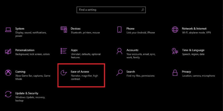 Captura de pantalla de la aplicación Configuración de Windows 10 que muestra cómo navegar a la opción de configuración de Accesibilidad.