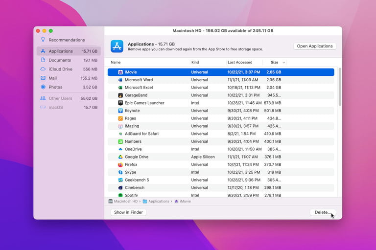 Una ventana que muestra grandes aplicaciones instaladas en MacOS Monterey que el usuario puede desinstalar para ahorrar espacio de almacenamiento.