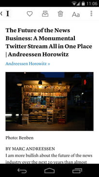 Captura de pantalla de Instapaper en Google Android, que muestra un artículo