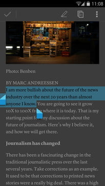 Captura de pantalla de Instapaper en Google Android, que muestra una vista oscura