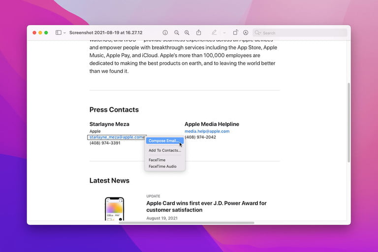 Live Text en MacOS Monterey se utiliza para redactar un correo electrónico a una dirección de correo electrónico.