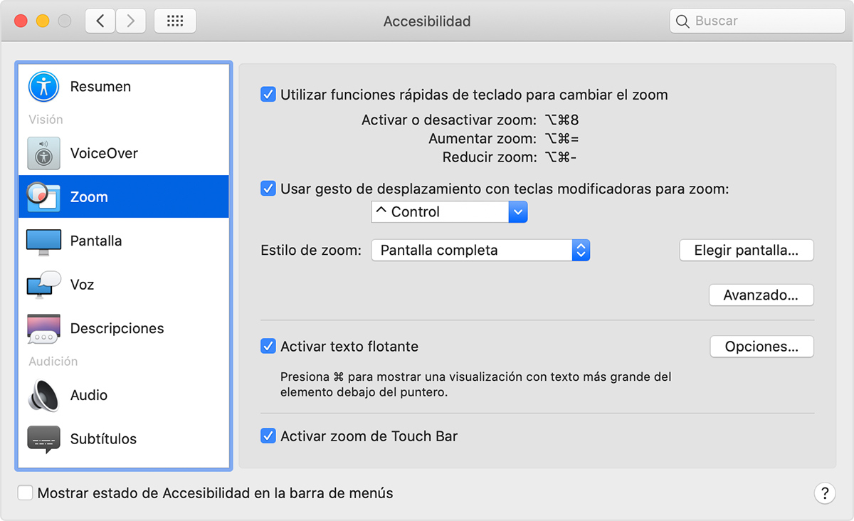 Menú de Zoom en Mac