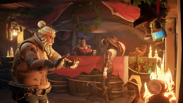 Un pirata calentándose las manos junto al fuego en una taberna.