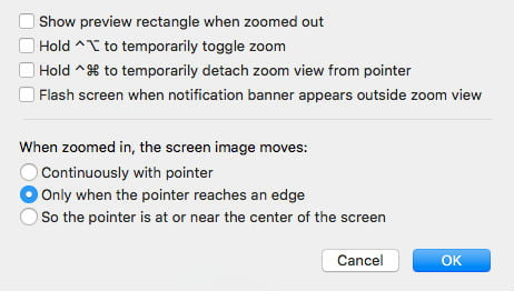 Submenú de Zoom en Mac para seleccionar opciones.