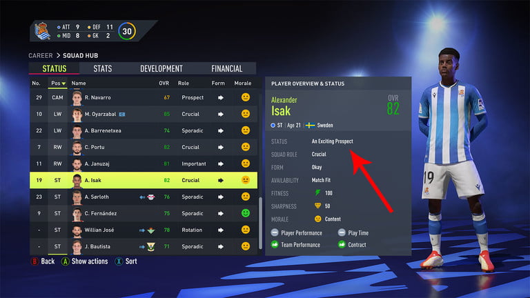 Un jugador con su estado potencial destacado en FIFA 22.