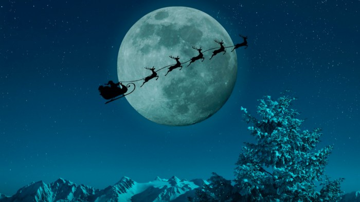 viaje santa claus auto silhouette of and reindeer flying sleigh near full moon