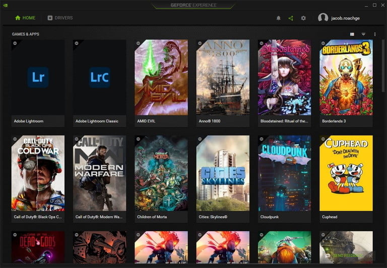 Página de juegos en Nvidia GeForce Experience, una de las aplicaciones que debes instalar en tu laptop gamer nueva.