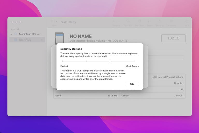 Opciones de seguridad para formatear una tarjeta SD en Mac.