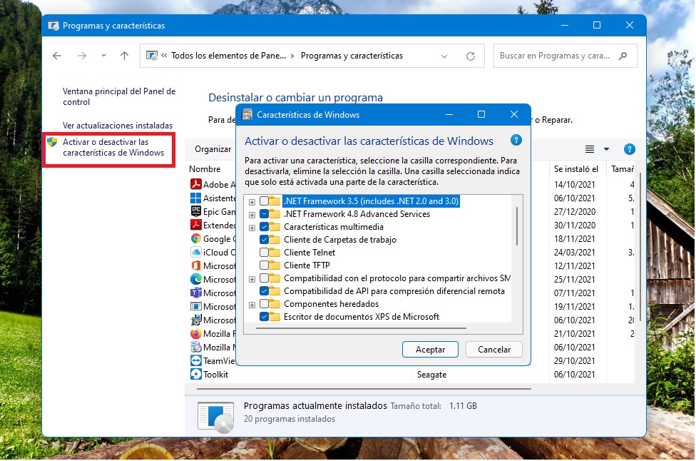 Pantalla de Panel de Control en Windows 11 para activar Telnet