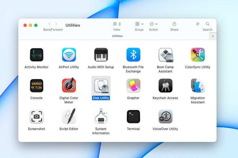 Utilidad de Discos en la carpeta Utilidades de Mac..