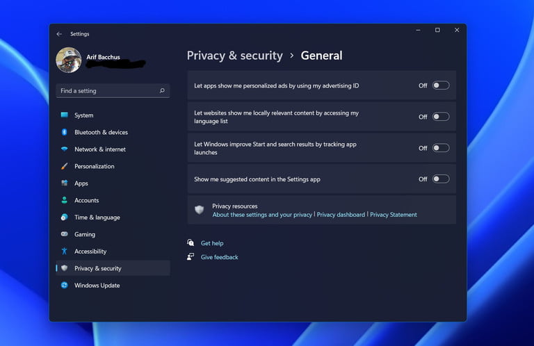 Configuración de privacidad en Windows 11.