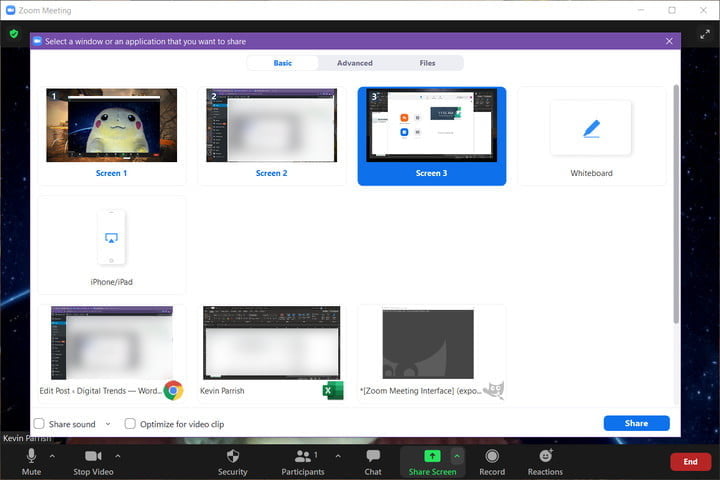 Zoom en la pantalla Compartir reunión